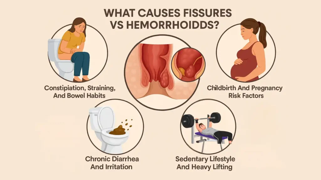 What causes fissures vs hemorrhoids?